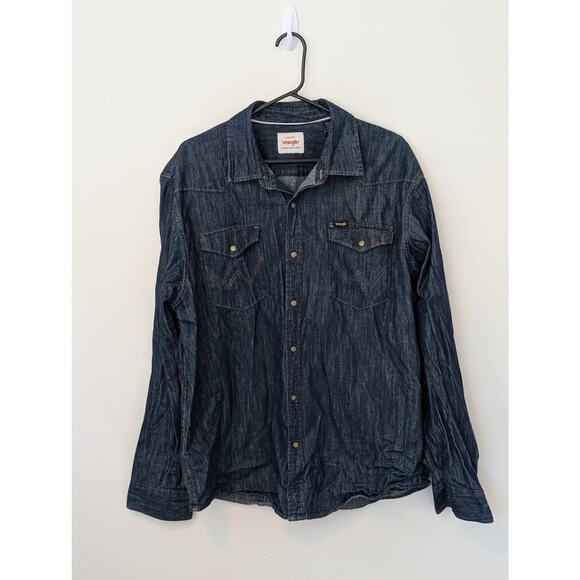 Wrangler Denim Western Pearl Snap Front Shirt Dark Wash XL - Picture 2 of 11